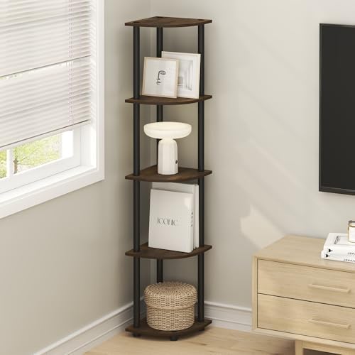 Furinno Turn-N-Tube Corner Shelf, 5-Tier Corner Bookshelf, Open Storage Shelves, for Organization and Storage, Living Room, Home Office, Garage, Bedroom, Amber Oak - Image 2
