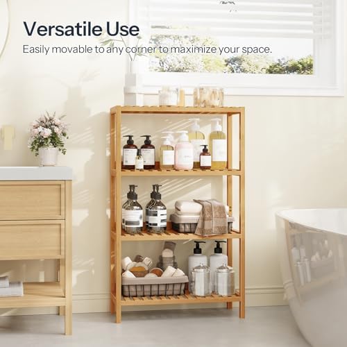 HOOBRO Bamboo Storage Shelf, 4-Tier Freestanding Shelving Unit, Multifunctional Storage Rack with Back Panel, 23.6 x 10.2 x 39.4 inches, for Bathroom, Living Room, Balcony, Kitchen, Natural YL95CJ01 - Image 4