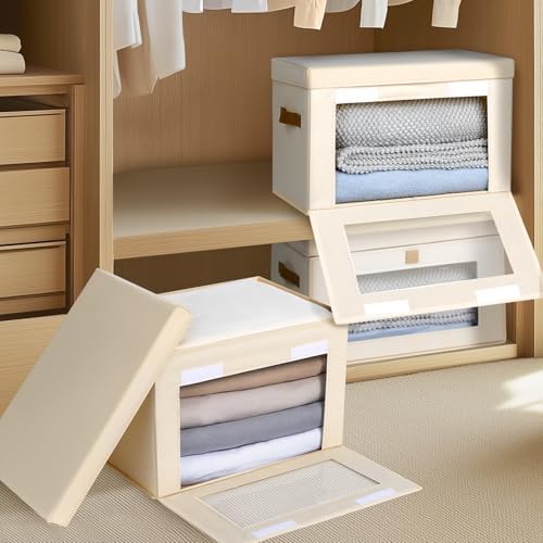 Homsorout Large Closet Storage Bins - Collapsible Clothing Organizer with Handles & Window, Decorative Bin with Lids, Linen Closet Organizers for Living Room, Dorm, 6 Pack, Beige - Image 3