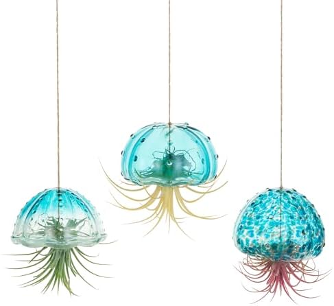 Glasseam Glass Jellyfish Decor, 3 Pcs Hanging Air Plant Holders with Jute by Glasseam