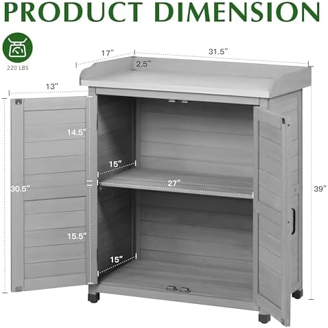 Outdoor Storage Cabinet & Potting Bench Table with Metal Top, Wooden Patio Furniture, Garden Workstation (Classic Grey, 39x31.5x17in) - Image 5