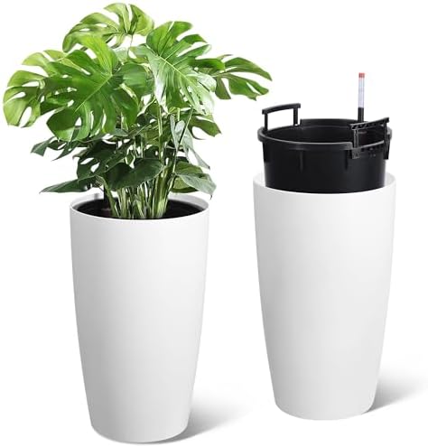 Self-Watering Tall Planter Set – 2 Large 21.7" Plastic Flower Pots with Drainage, Water Level Gauge, Built-in Handle – for Indoor & Outdoor, Patio, Porch, Living Room, Office – White by Unknown