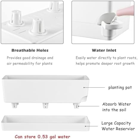 4 Pack Self Watering Pots for Indoor Plants 17 Inches Window Boxes Planters Rectangular Flower Pots Rectangle Herb Pots Large Plant Pots with Drainage Holes and Saucers Windowsill Planter, White - Image 4