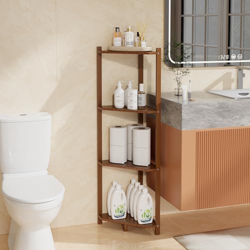 Wisuce Bamboo Small Corner Shelf Stand, 4-Tier Brown Corner Bookshelf by Wisuce