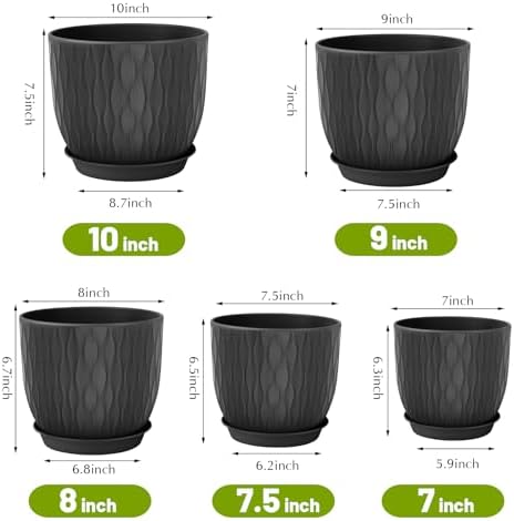 Plastic Plant Pots 10/9/8/7.5/7 inch Set of 5, Flower Planters with Drainage Holes and Saucers, Plastic Pots for Indoor Outdoor Plants, Livingroom Garden Decor (Black) - Image 2
