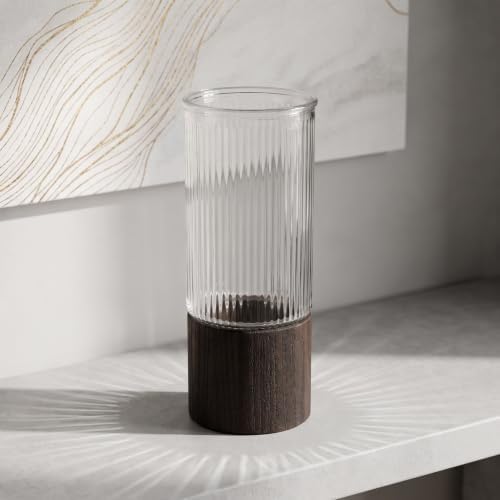 Glass Tube Vase with Wood Stand, Striped Cylinder Decor - Image 7