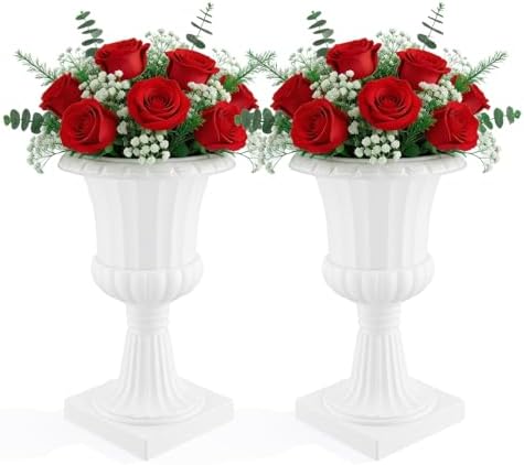 Urn Planter for Front Porch, 19.7 Inch Tall Classic Plastic Flower Pot, Decorative Large Outdoor Planter for Garden, Patio, Entryway and Wedding Decor, 2/4 Pcs Set White 2 - Image 6