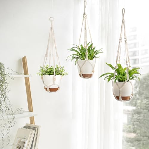 Mkono Macrame Plant Hanger and 3 Pack Plant Hangers with Self Watering Plant Pots Indoor Hanging Baskets Flower Pot Holders with Hooks No Tassels - Image 5