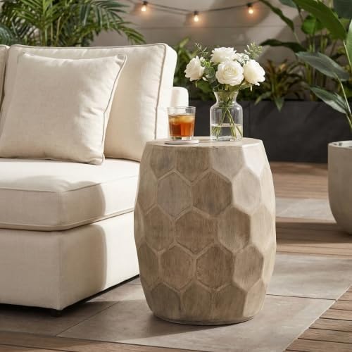 ø15.25'' Concrete Side Table End Table for Outdoor & Living Room, Modern Boho Round Circle Drum Style, Durable and Lightweight, Cement Material, Natural Wood Grain, No Assembly, Natural by JJKFurniture-kevinplus