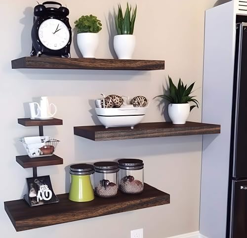 YYWUOJJ Wood Floating Shelves for Wall Decor, Rustic Wall Shelves for Bedroom Bathroom Kitchen Living Room, Set of 4 Walnut - Image 7