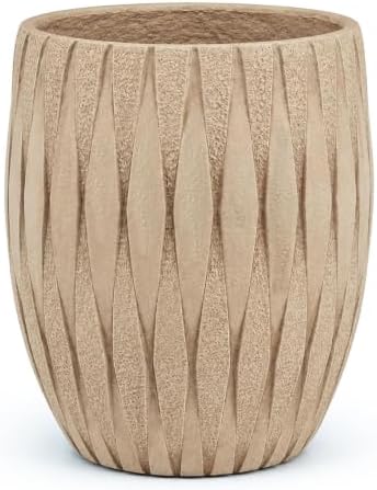 12" H x 9" Dia Beige Fiberstone Planter Pot with Drainage Hole, Decorative Flower Pot for Houseplants, Succulents & Small Trees, Indoor Outdoor Home Décor, Patio, Porch & Garden, Handmade Finish by Haispring