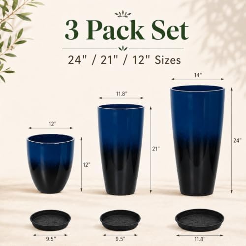 Neoaider Set of 3 Tall Planter, 24/21/12in Large Plastic Planter, Dark Blue - Image 3