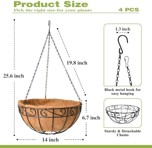 4 Pack 14 Inch Hanging Baskets for Plants Outdoor Metal Hanging Planter Hanging Flower Baskets with Coco Fiber Liners Chain Round Wire Plant Holder Hangings Flower Pots(Plaid) - Image 4