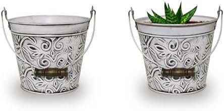 Headwind Vintage Floral Metal Planter with Handle, 12-Inch, Rustic White – Metal Flower Pot & Decorative Bucket Planter, Rustic Metal Outdoor Planter with Drainage Hole for Indoor Plants & Outdoor Gar - Image 7