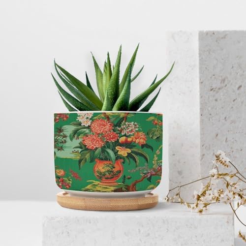 Vase Green Chinoiserie Planter Ceramic Daily Round Plant Pots with Drainage Holes and Bamboo Tray Pot for Pots Outdoor Indoor Plants - Image 7