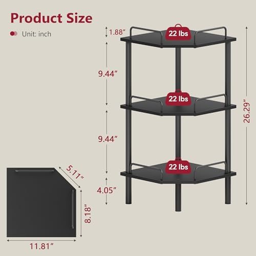 Tajsoon 3 Tier Corner Shelf Stand, Standing Corner Shelf Unit, Black - Image 3