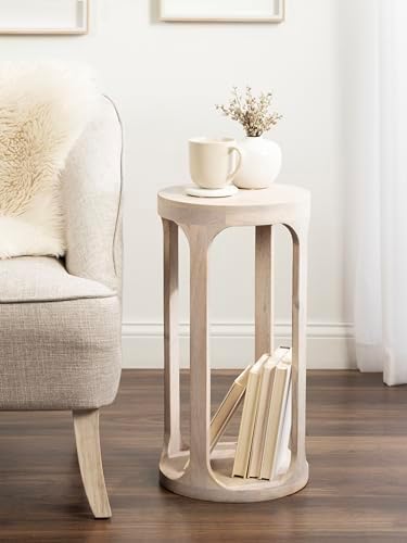Kate and Laurel Dahl Wooden Round Drink Table; 12 x 23; Whitewash; Transitional Boho Circle Wood Accent Pedestal Table for Living Room Plant Stand or Small Bedroom Nightstand - Image 2