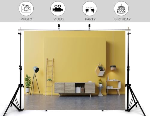 10x8ft Fabric Mustard Yellow Wall Living Room Backdrop Light Wood Sideboard Bamboo Ladder Green Plant Geometric Wall Shelf Interior Background Party Home Decorations Photo Booth Props - Image 4