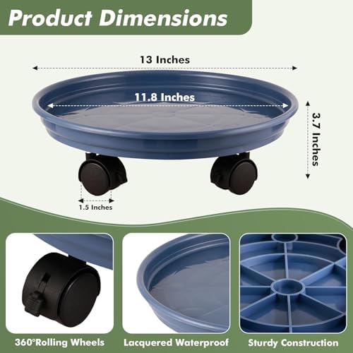 4 Packs Plastic Plant Caddy with Wheels 11.8" Plastic Rolling Plant Stands Heavy-duty Plant Dolly with Casters Indoor and Outdoor Plant Roller Base Wheels, Blue - Image 6