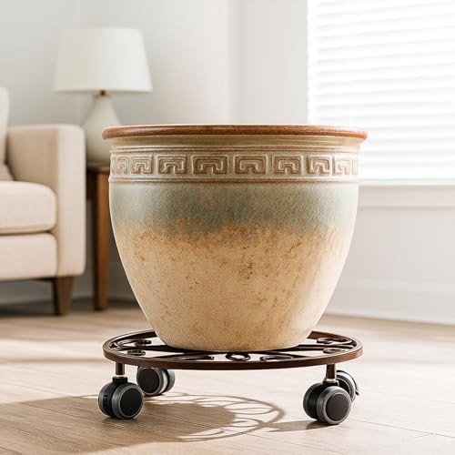 3 Pack Plant Caddy with Wheels & Saucers, Heavy Duty 13.5 Inch Metal Plant Stand with Wheels, Plant Dolly Rolling Plant Stand Plant Roller with Casters for Indoor and Outdoor, Bronze - Image 6