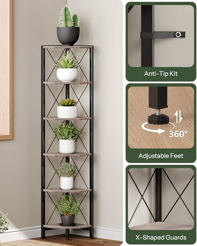 CHOEZON 6-Tier Corner Shelf, Corner Bookcase, 66.9" Tall Vertical Display Rack, Plant Stand, Open Storage Shelf, for Living Room, Bedroom, Study, Kitchen, Greige and Black TCJ13BG - Image 3