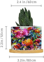 Bright Floral Pink Rose Dorm Planter Ceramic Blooms Flower Painting Round Plant Pots with Drainage Holes and Bamboo Tray Pot for Succulents Cactus Garden Windowsill - Image 2