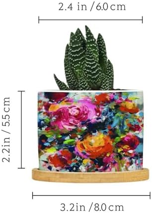 Bright Floral Pink Rose Dorm Planter Ceramic Blooms Flower Painting Round Plant Pots with Drainage Holes and Bamboo Tray Pot for Succulents Cactus Garden Windowsill - Image 2