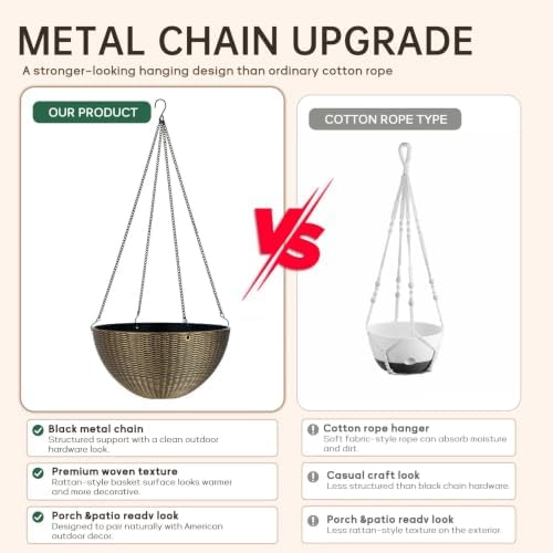ZMTECH 2 Pack 12 Inch Rattan-Look Hanging Planter Baskets for Indoor Outdoor Plants, Hanging Flower Pots with Drainage Plug & Metal Chain,Hanging Basket for Porch Patio Garden Decor Bronze - Image 5