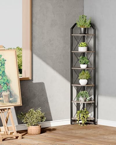 CHOEZON 6-Tier Corner Shelf, Industrial Corner Bookshelf, 71.2" Corner Storage Stand, Plant Stand Display Shelf, Corner Bookcase for Bedroom, Living Room, Home Office, Greige and Black TCJ11BG - Image 7