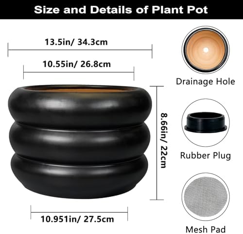 SQOWL Ceramic Flower Pot 13.5 Inch - Large Planter for Indoor Plants Outdoor Plant Pot with Drainage Hole Round Planter Mid-Century Flower Pot for Porch Living Room Decor Black - Image 3