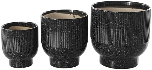 Deco 79 Ceramic Indoor Outdoor Planter Speckled Small Planter Pot with Linear Grooves and Tapered Bases, Set of 3 Planters 9", 8", 6"H, Black - Image 3