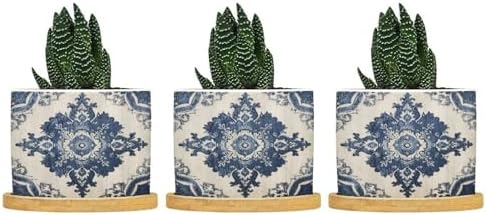 Navy Blue Damask Planter Ceramic Bohemian Diamond Shape Flower Round Flower Pot with Drainage Holes and Bamboo Tray Pot for Home Office Desk Garden by BRUYU5SE