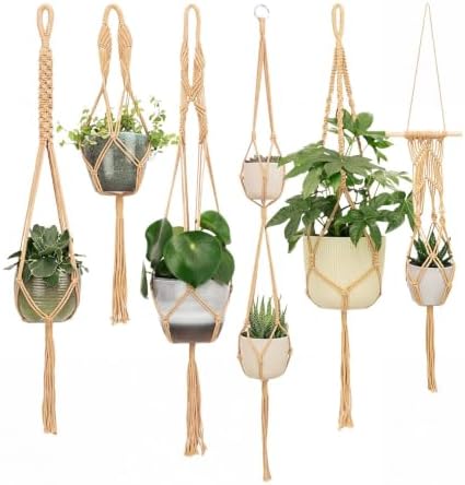 Boho Macrame Plant Hangers Set (6-Pack) - Neutral-White by RELJOFUM