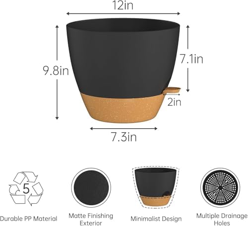 ZMTECH 12Inch 2Pcs Plant Pot Planter for Indoor Plants Self Watering Flower Pots with Drainage Holes and Saucer for Outdoor Plants(Grey with Brown) - Image 4