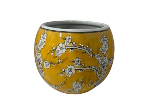 Ceramic Planter Pot with Watercolor Cherry Blossom Design, 7 Inch Diameter, Potbelly Shape, No Drain Hole, 3lbs (Golden Yellow) by Unknown