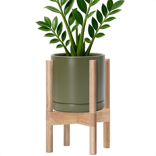 D'vine Dev Ceramic Pot with Natural Wood Stand, Olive, 8 in, 55-B-N-J by DvineDevPlanterPotsandStand
