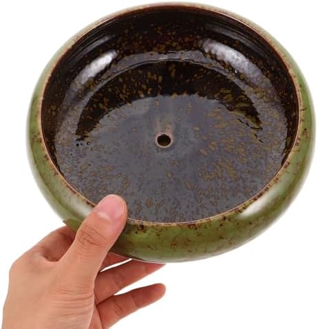 Happyyami Xmas Ceramic Bonsai Pot Set 2pcs Round Shallow Planters with Tray - Image 4