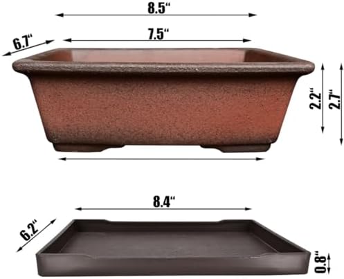 MUZHI Decorative Ceramic Bonsai Planter Pot 8.5 Inch with Tray, Breathable Unglazed Rectangle Terracotta Clay Pot for Tree Succulent Cactus Indoor Outdoor Red Brown (Classic Rectangle A 8.5“) - Image 2
