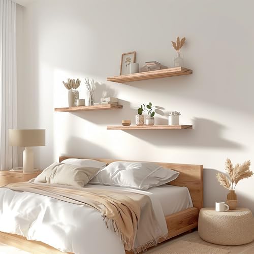YYWUOJJ Wood Floating Shelves for Wall Decor, Rustic Wall Shelves for Bedroom Bathroom Kitchen Living Room, Set of 4 Light Walnut 24 Inch - Image 2