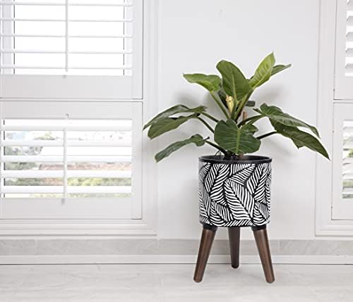 D'vine Dev 8 Inch Planter Pot with Wood Stand, White/Grey, 88-L-A-7 - Image 6