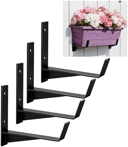 Window Box Brackets, 6 inch Flower Planter Box Brackets, Heavy Duty Metal Flower Box Wall Mounting Hooks for Railings, Garden, Balcony, Fences, Black(4 Pack ) by Thrivinest