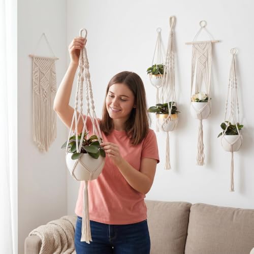 Boho Macrame Plant Hangers Set (6-Pack) - White - Image 3