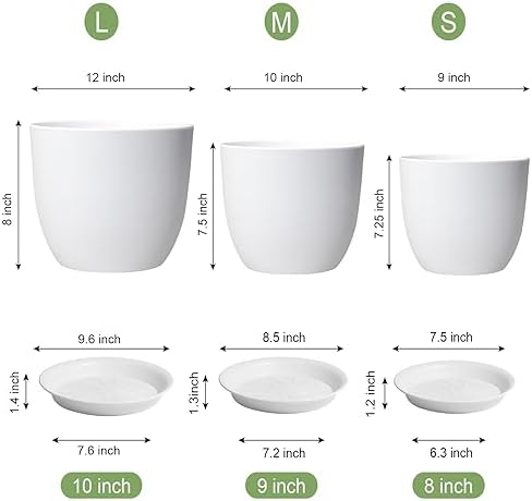 WSMKSZ 12/10/9 inch Large Plant Pots, 3 Pack Modern Decorative Plastic Planters with Drainage Holes and Saucers, Flower Pots for Indoor Outdoor Plants, White - Image 3
