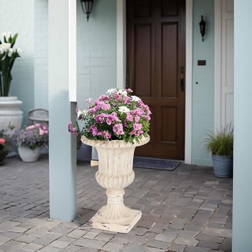 Christopher Knight Home Danny Patio Planter, Light Concrete Planter, Mid-Century Modern Urn, Floral Statue Design, Large Garden Pot, Flower Urn with Drainage Hole for Backyard Home, Antique White by ChristopherKnightHome