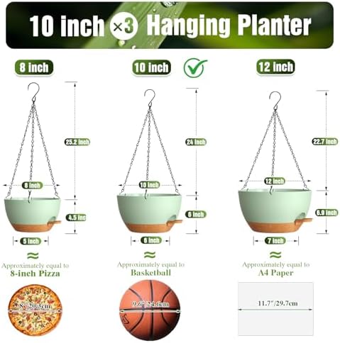 10 Inch Self-Watering Hanging Planters Set of 3 with Saucers - Image 4