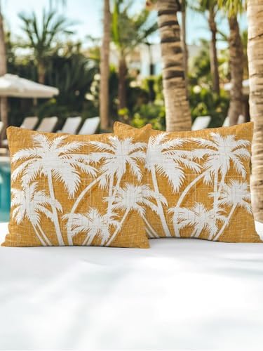 Outdoor Pillows Waterproof Set of 2, Tropical Palm Tree Patio Throw Pillows for Couch Bed Sofa with Insert, Vintage Orange Exotic Botanical Plants Decorative Reading/Camping Pillow Set 18x18 Inch - Image 5