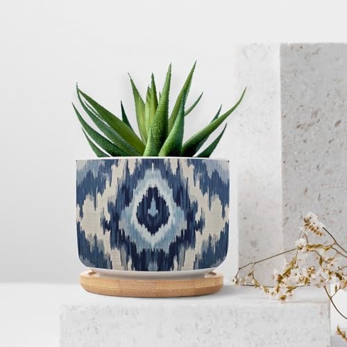 Blue Grey Ikat Planter Ceramic Solid Navy White Round Flower Pot with Drainage Holes and Bamboo Tray Pot for Succulents Cactus Garden Windowsill - Image 7