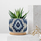 Blue Grey Ikat Planter Ceramic Solid Navy White Round Flower Pot with Drainage Holes and Bamboo Tray Pot for Succulents Cactus Garden Windowsill - Image 7