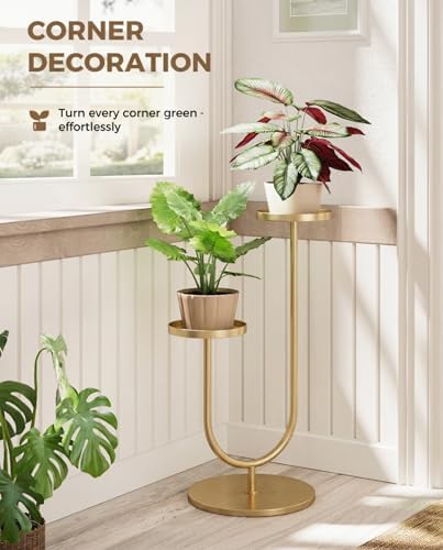 Bamworld Indoor Corner Plant Stands 2 Tier Plant Shelf for Tall Plant Holder Black Plant Shelves for Living Room Bedroom Midcentury Modern Home Decor(Gold) - Image 4