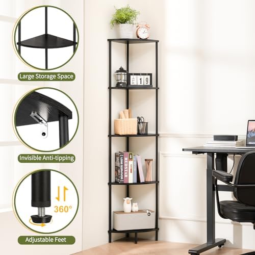 Yoobure Corner Shelf Stand, 5-Tier Bookshelf, 65" Tall Shelves for Bedroom, Living Room, Narrow Display Bookcase, Black with Display Shelves for Office - Image 3